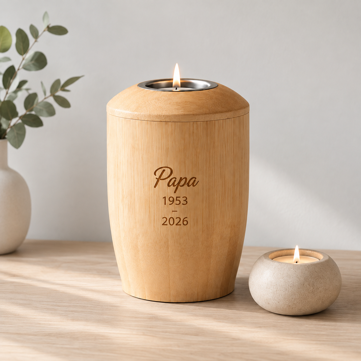 Kleine urn Kaya met waxinelicht – bamboe – 500 ml