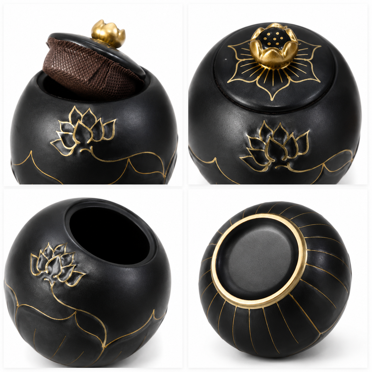 Kleine zwarte urn Padma met lotus voor een deel van de as