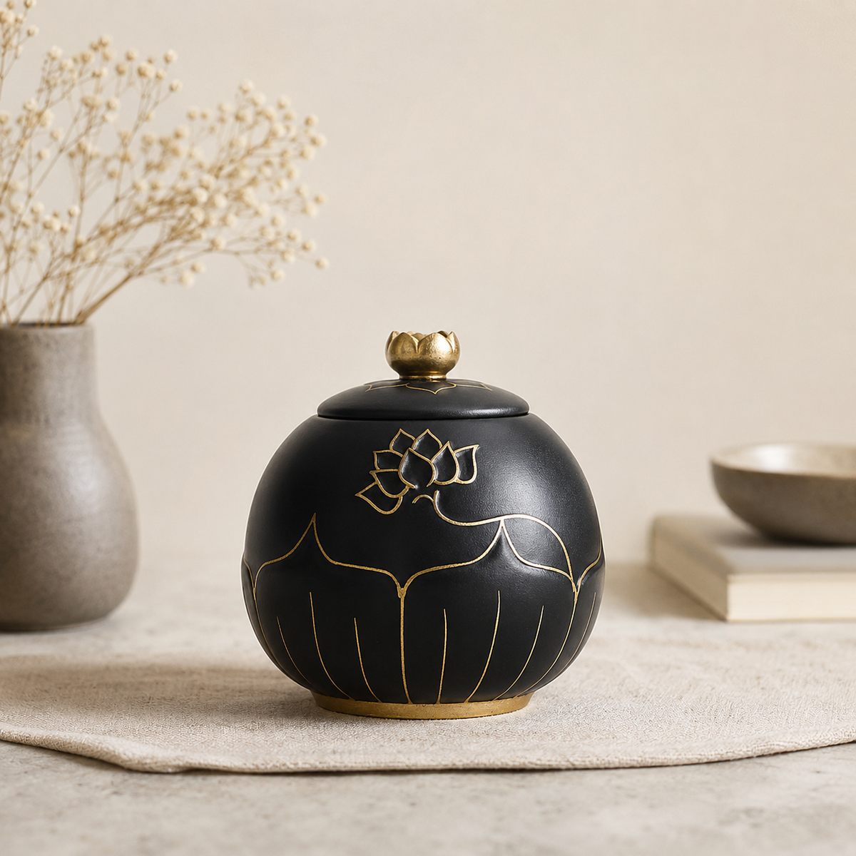 Zwarte mini-urn Padma met gouden lotusbloem