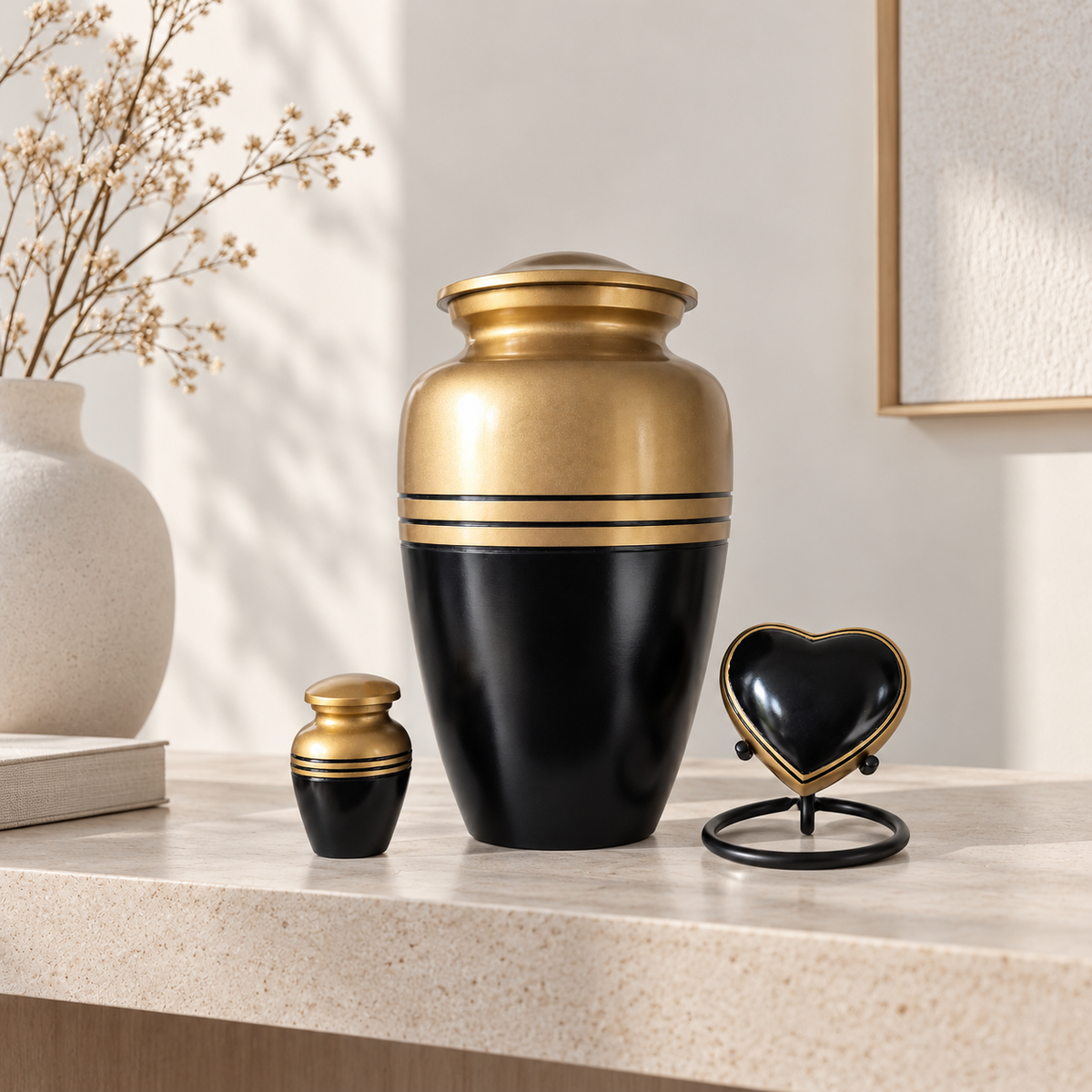 Urnenset Aurum goud met zwart, sfeerfoto in huis