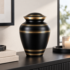 Sfeerfoto van urn Elite, zwart met gouden lijnen
