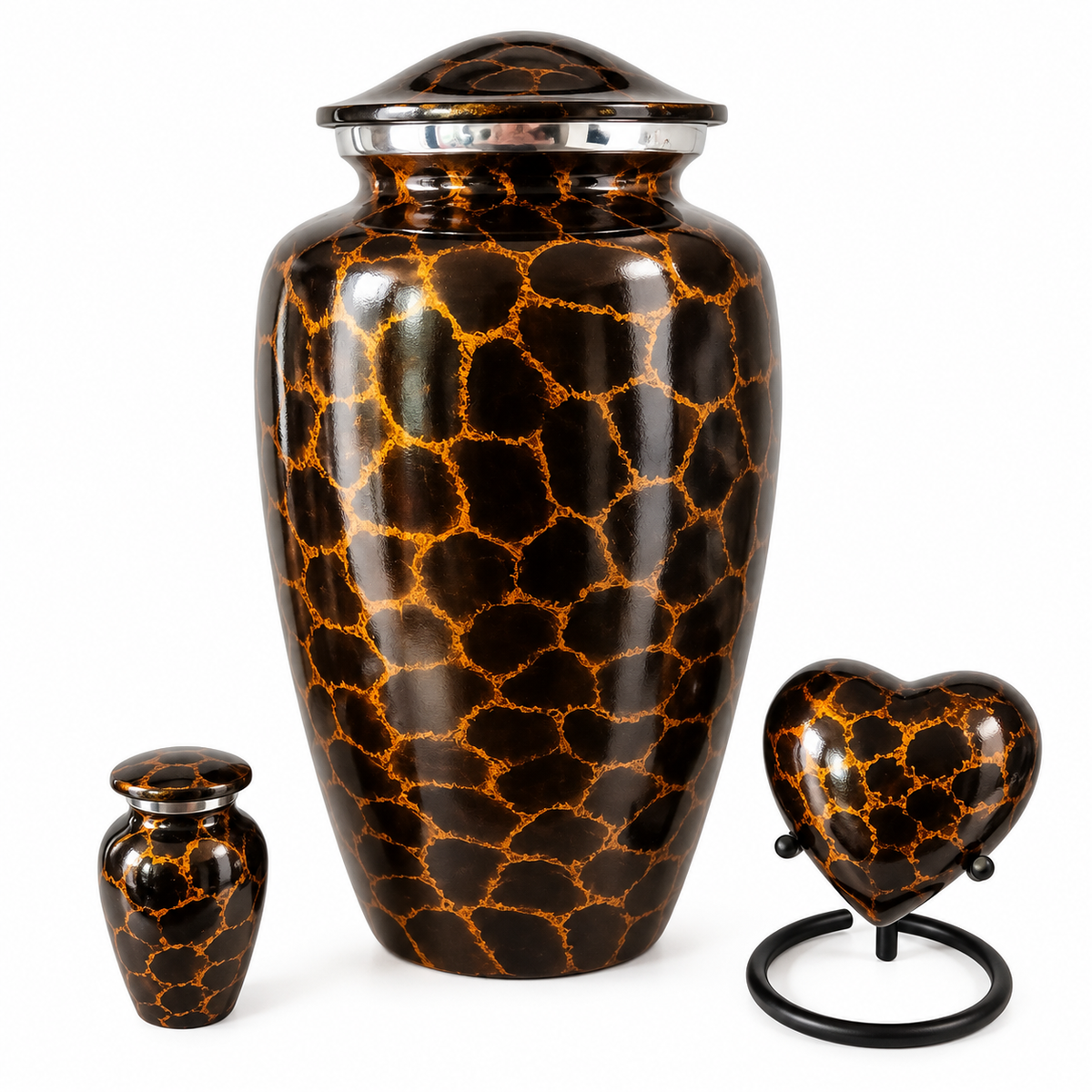 Urnenset Ambre zwartbruin met amber: grote urn, mini-urn en hartje