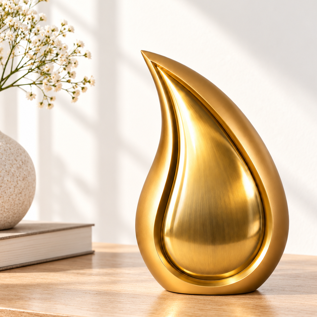 Gouden urn Dorée naast een vaas met bloemen