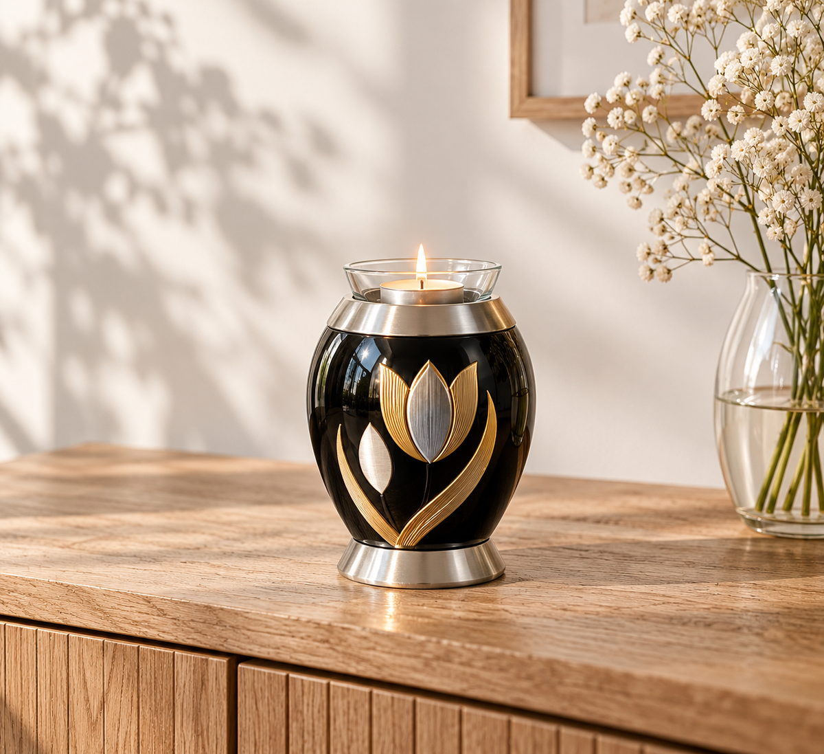 Zwarte urn Tulip met tulp in goud en zilver, 500 ml