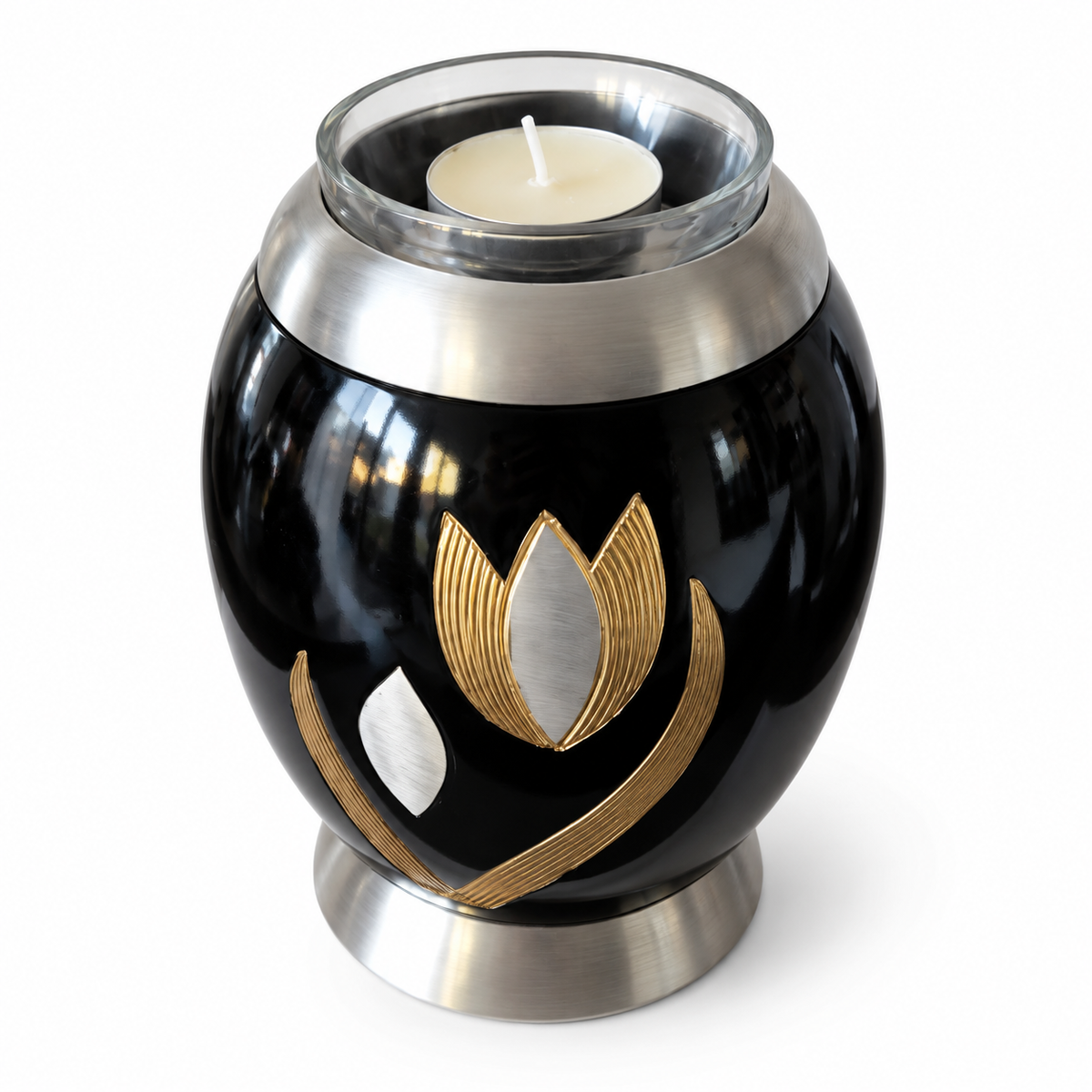 Kleine urn Tulip zwart met ingelegde tulp