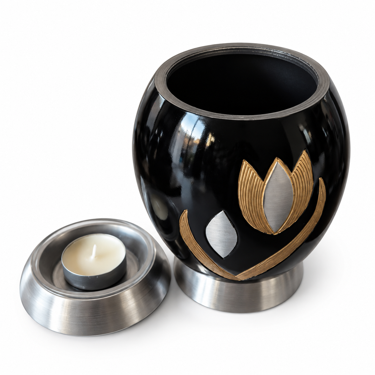 Urn Tulip met waxinelichthouder, zwart met goud en zilver, Hemelhof