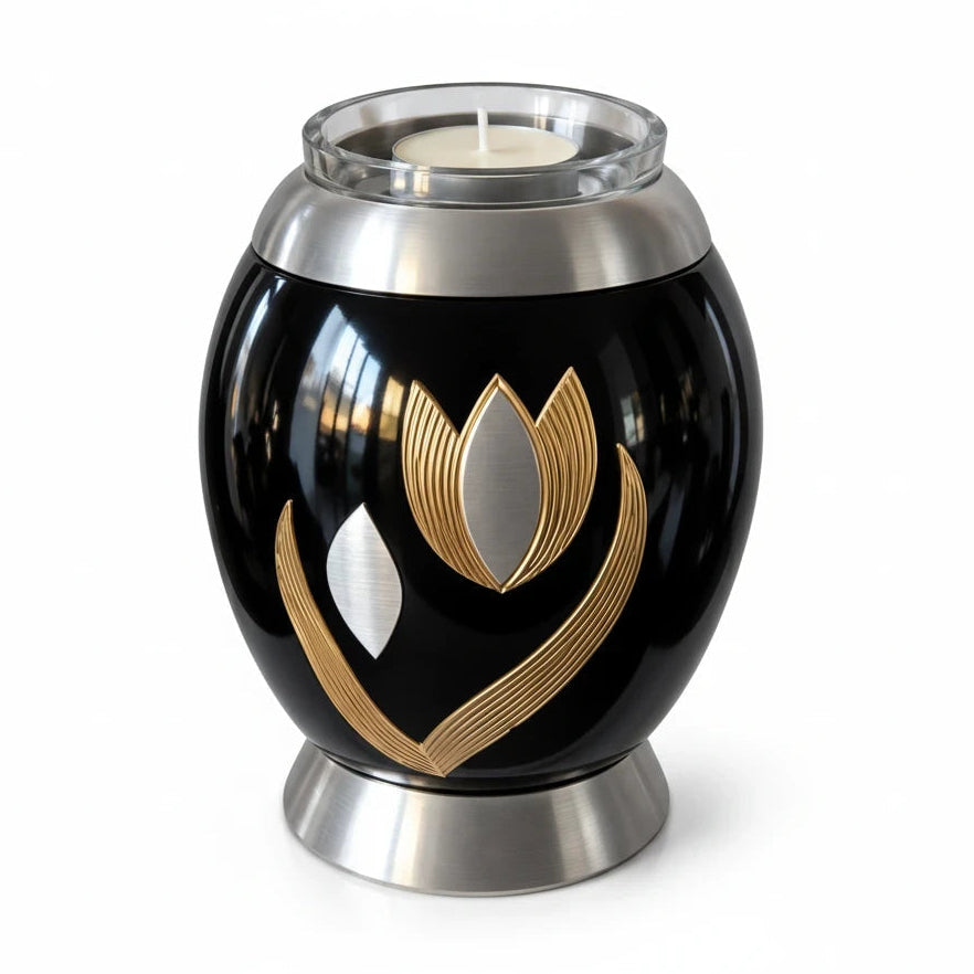 Kleine urn Tulip zwart met tulp in goud en zilver en waxinelichthouder