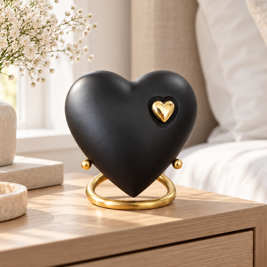 Mini-urn Onyx – zwart hartje met gouden hart – 110 ml-sfeerfoto