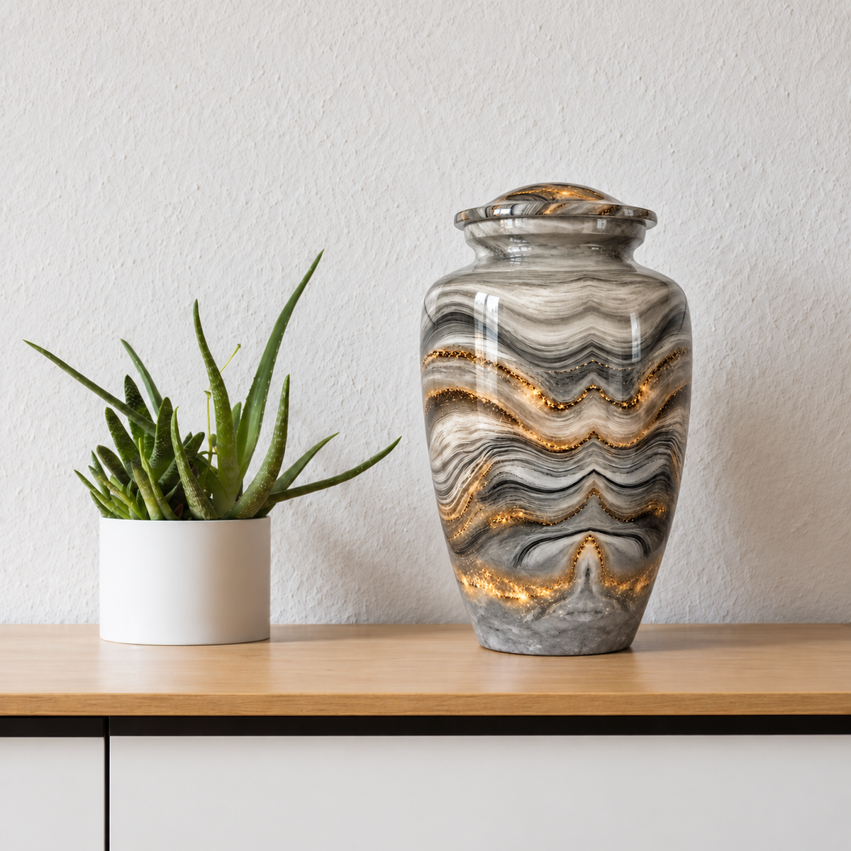 Gemarmerde urn Aurora naast een groene plant