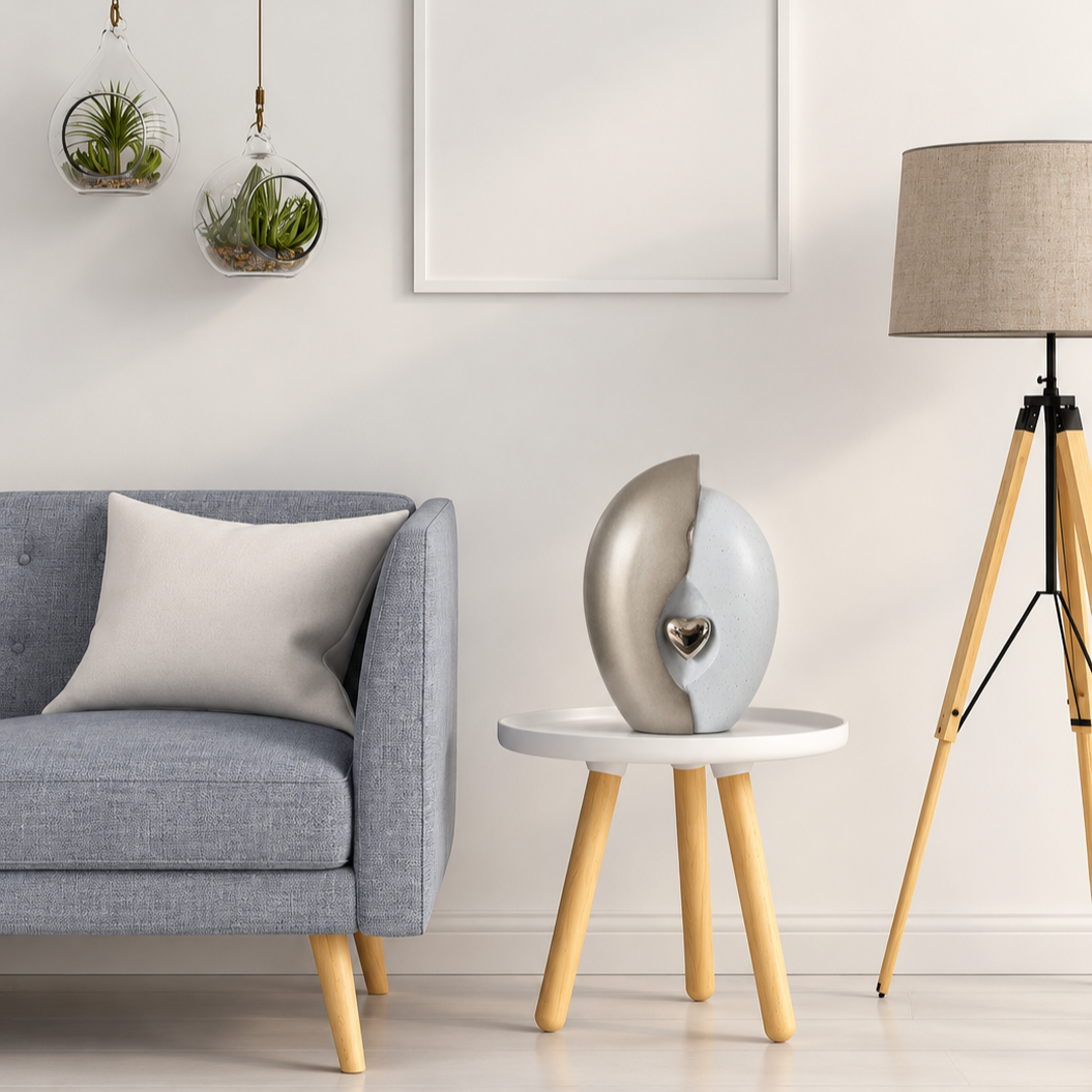 Urn Vida grijs met zilveren hart in een licht interieur