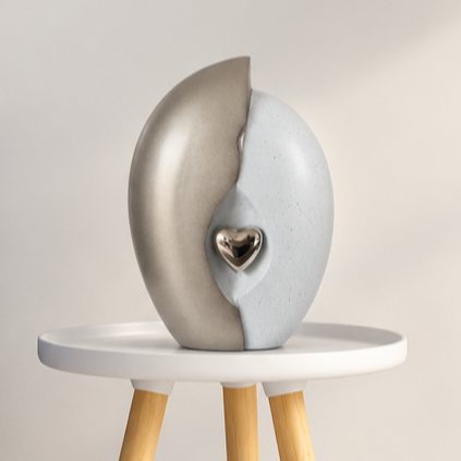Grijze urn Vida met zilveren hart in een Scandinavische woonkamer