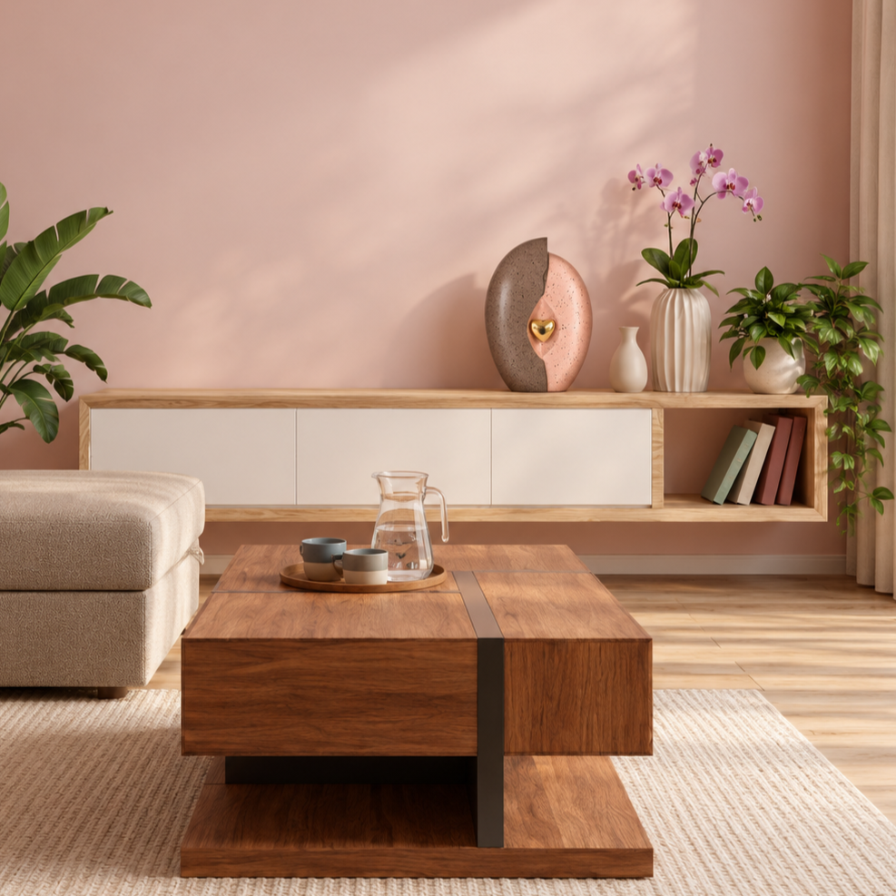 Urn Vida taupe en roze in een Scandinavische woonkamer