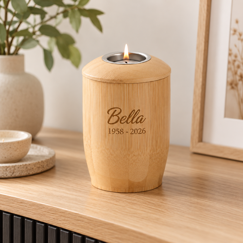 Kleine urn Kaya met waxinelicht – bamboe – 500 ml