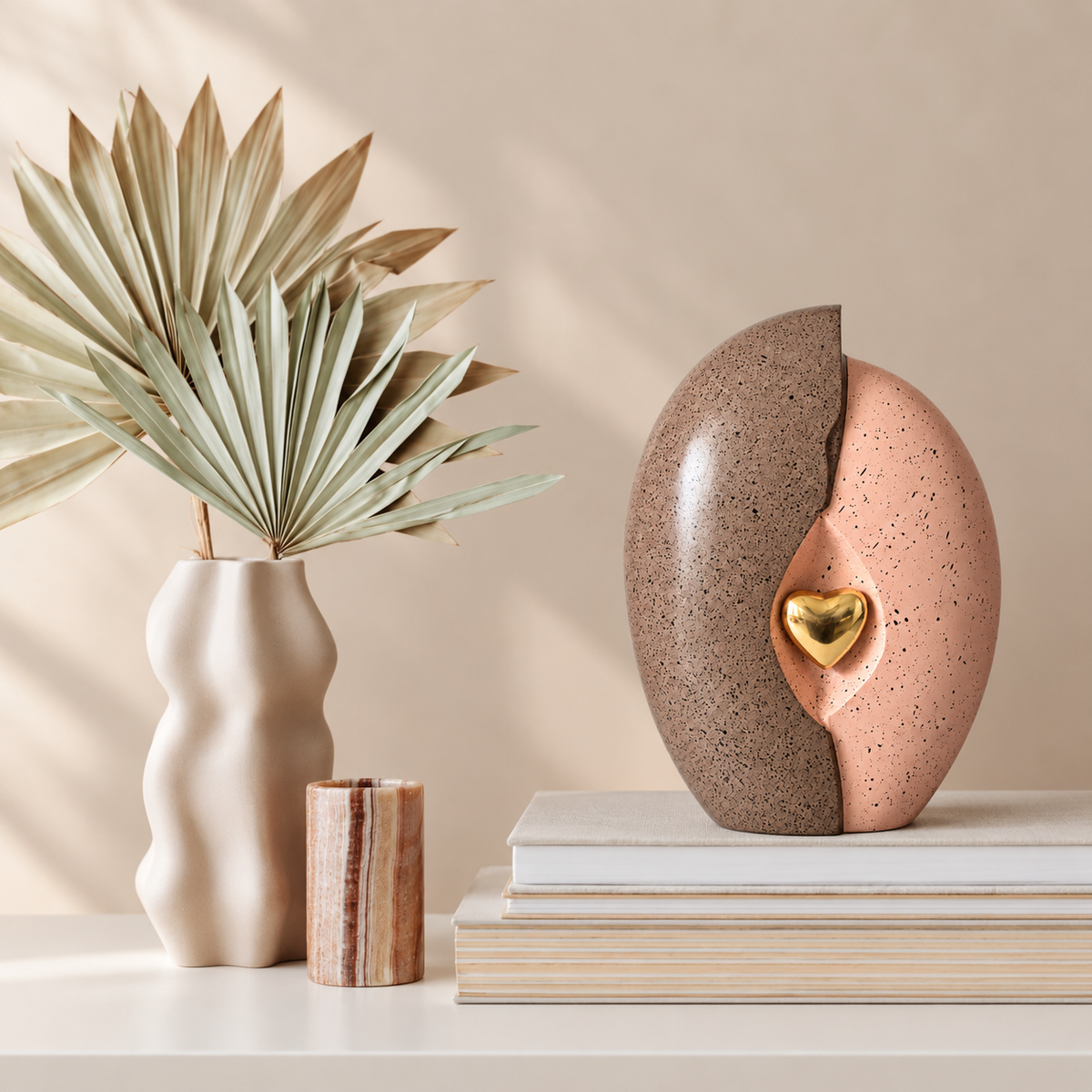 Tweekleurige urn Vida in taupe en roze met gouden hart