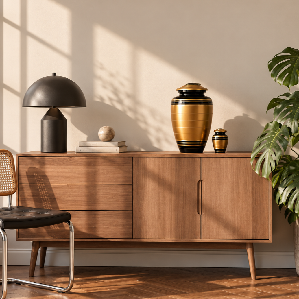 Urnenset Solis op een dressoir naast een plant