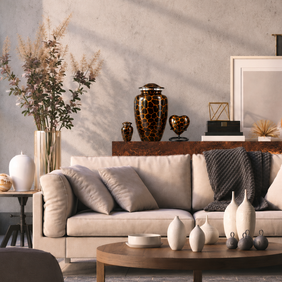 Urnenset Ambre in een warme woonkamer