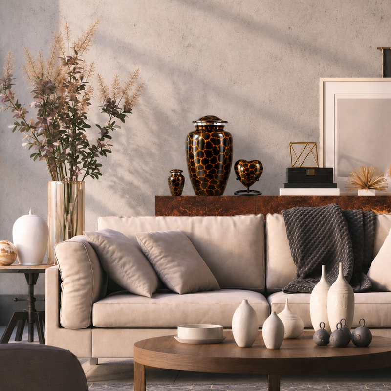 Urnenset Ambre in een warme woonkamer