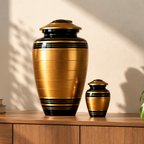 Gouden urnenset Solis op een dressoir in het zonlicht