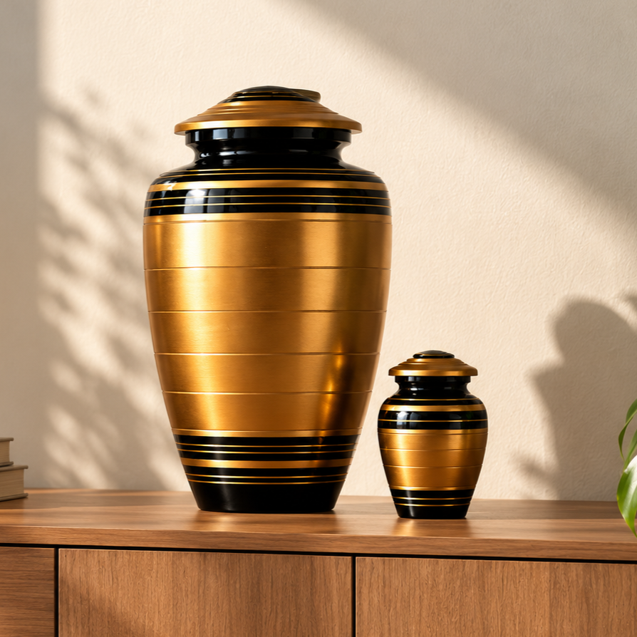 Gouden urnenset Solis op een dressoir in het zonlicht