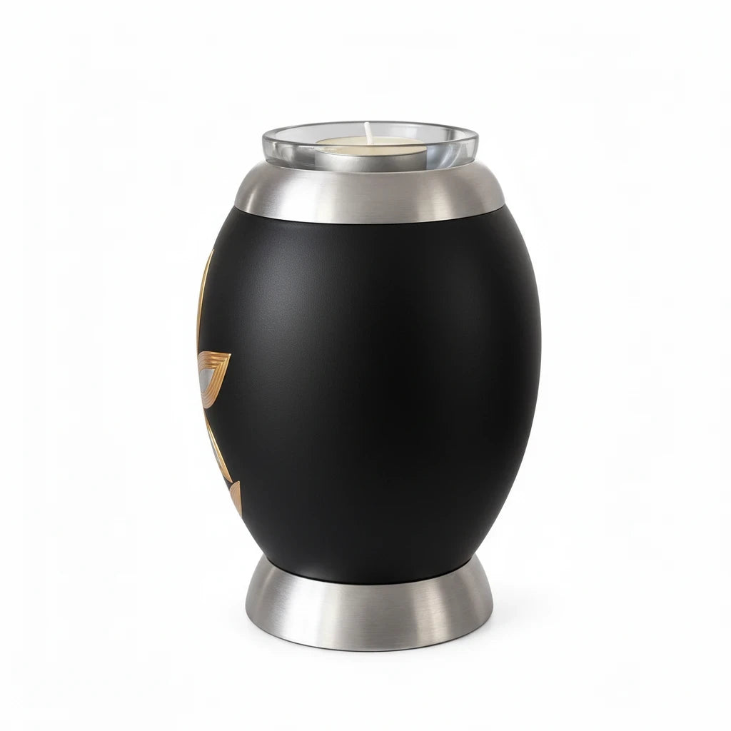 Kleine urn Lys met waxinelicht – zwart met lelie – 500 ml