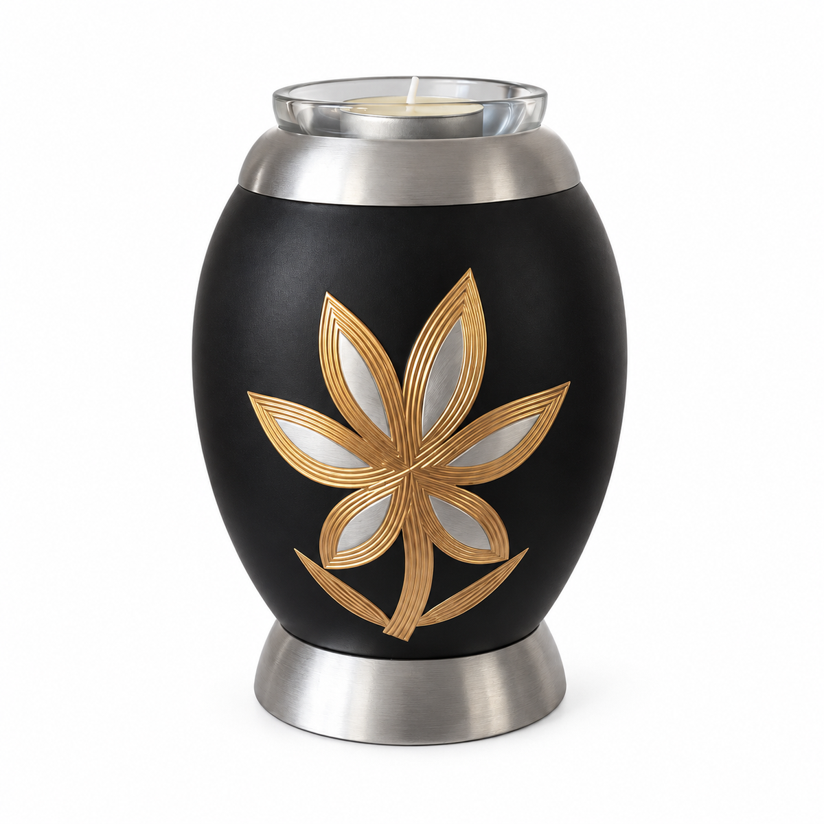 Kleine urn Lys met waxinelicht – zwart met lelie – 500 ml