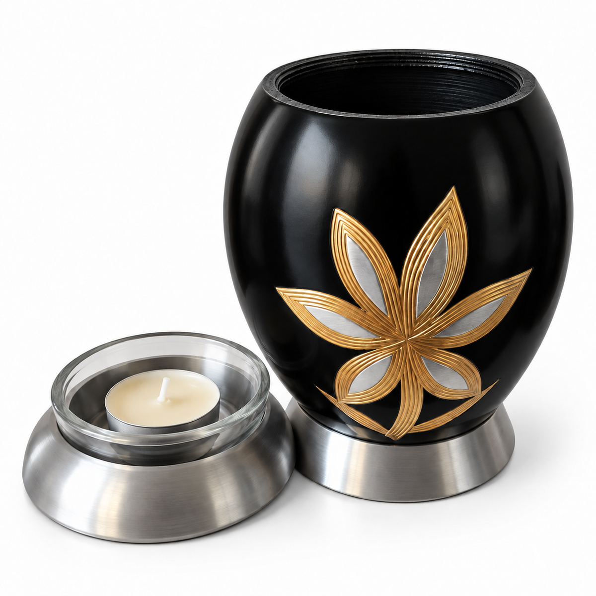 Kleine urn Lys met waxinelicht – zwart met lelie – 500 ml