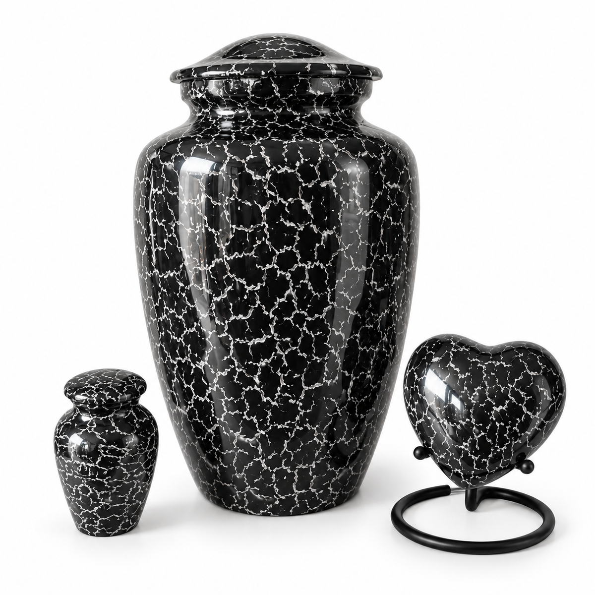 Urnenset Nova zwart met grijs craquelé: grote urn, mini-urn en hartje
