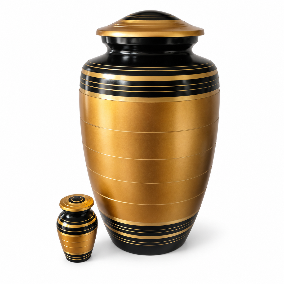 Urnenset Solis goud met zwarte banden: grote urn en mini-urn