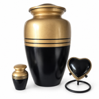 Urnenset Aurum goud met zwart: grote urn, mini-urn en hartje