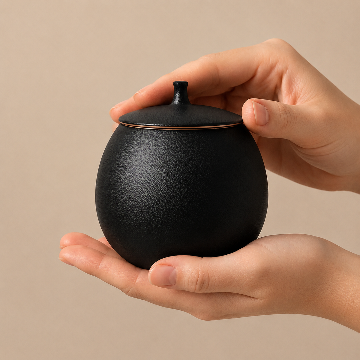 Zwarte mini-urn Amara met deksel in de hand