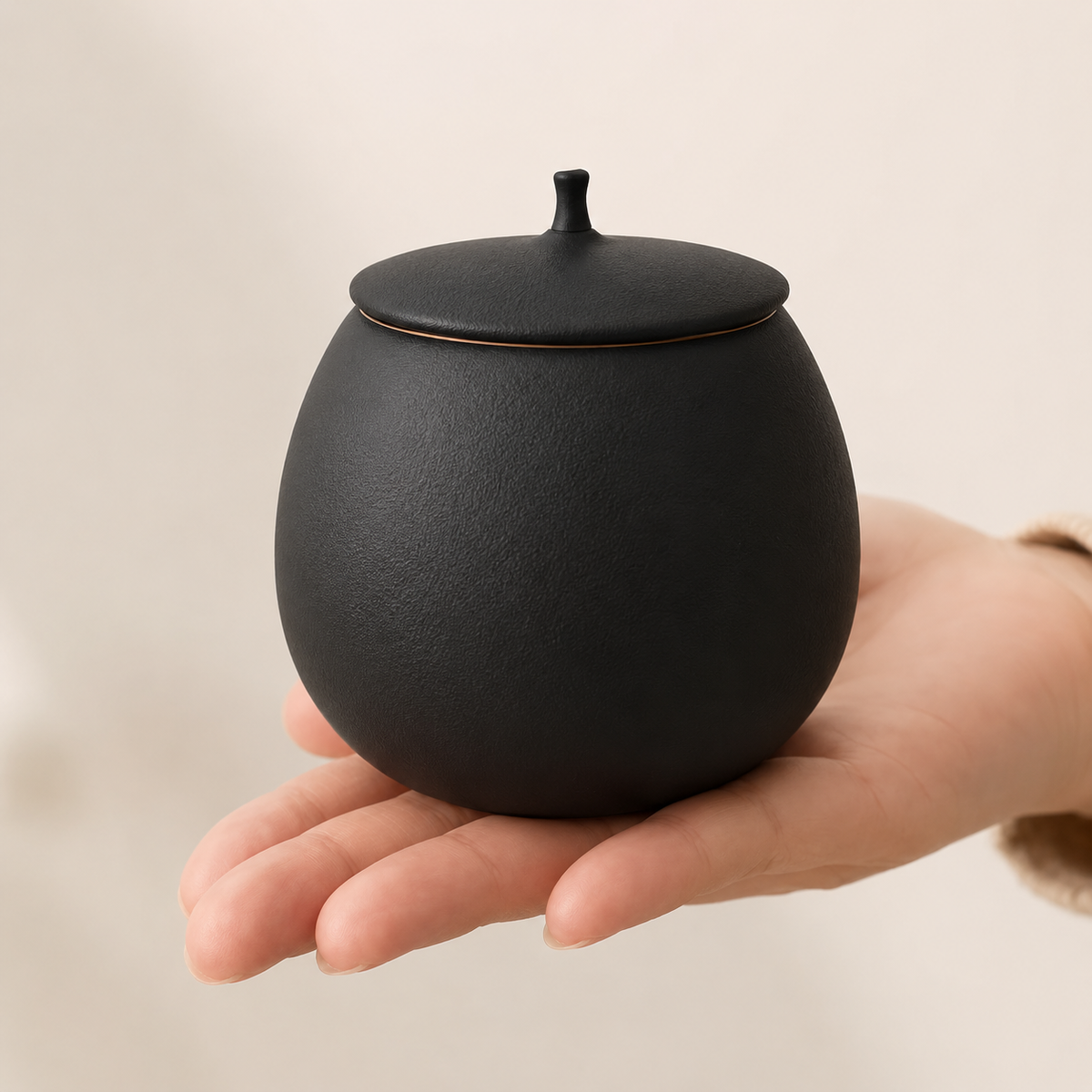 Zwarte mini-urn Amara in de hand, 200 ml