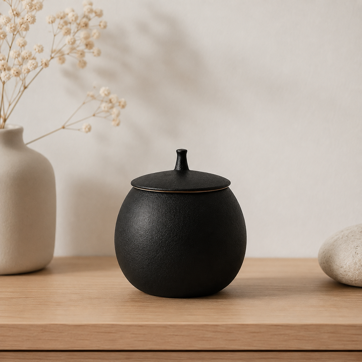 Zwarte mini-urn Amara, sfeerfoto in huis